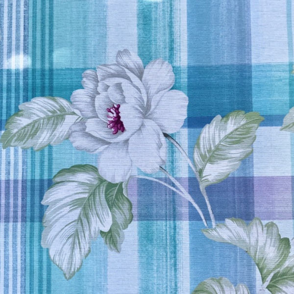 Pink and White Peony Oilcloth on Blue Check