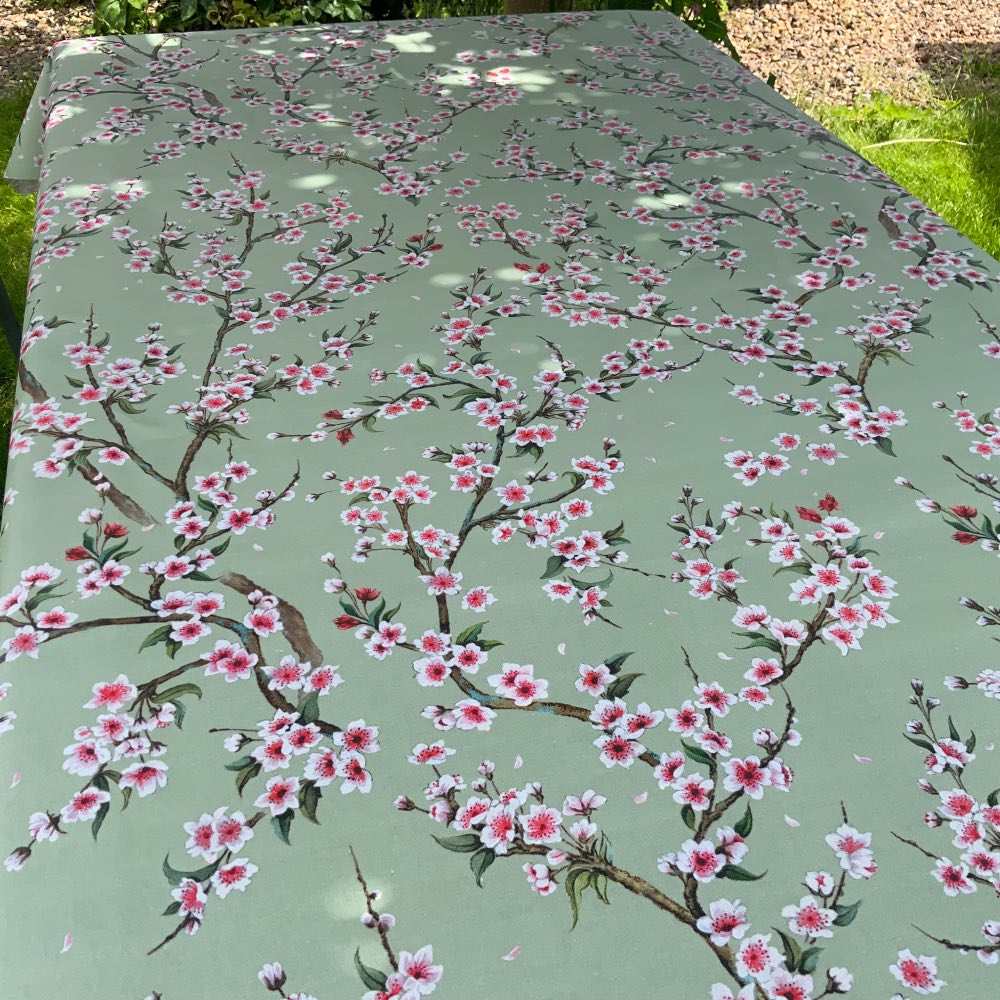 Cherry Blossom Oilcloth in Green