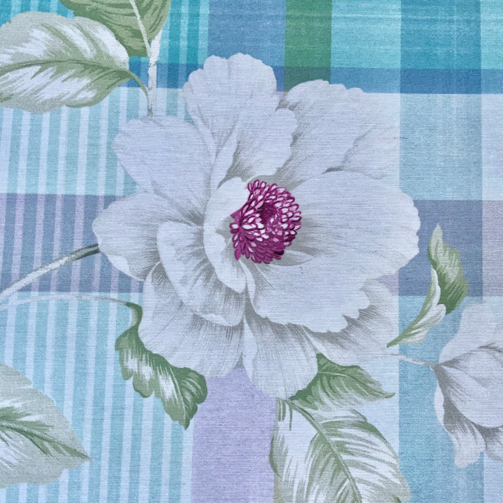 Pink and White Peony Oilcloth on Blue Check