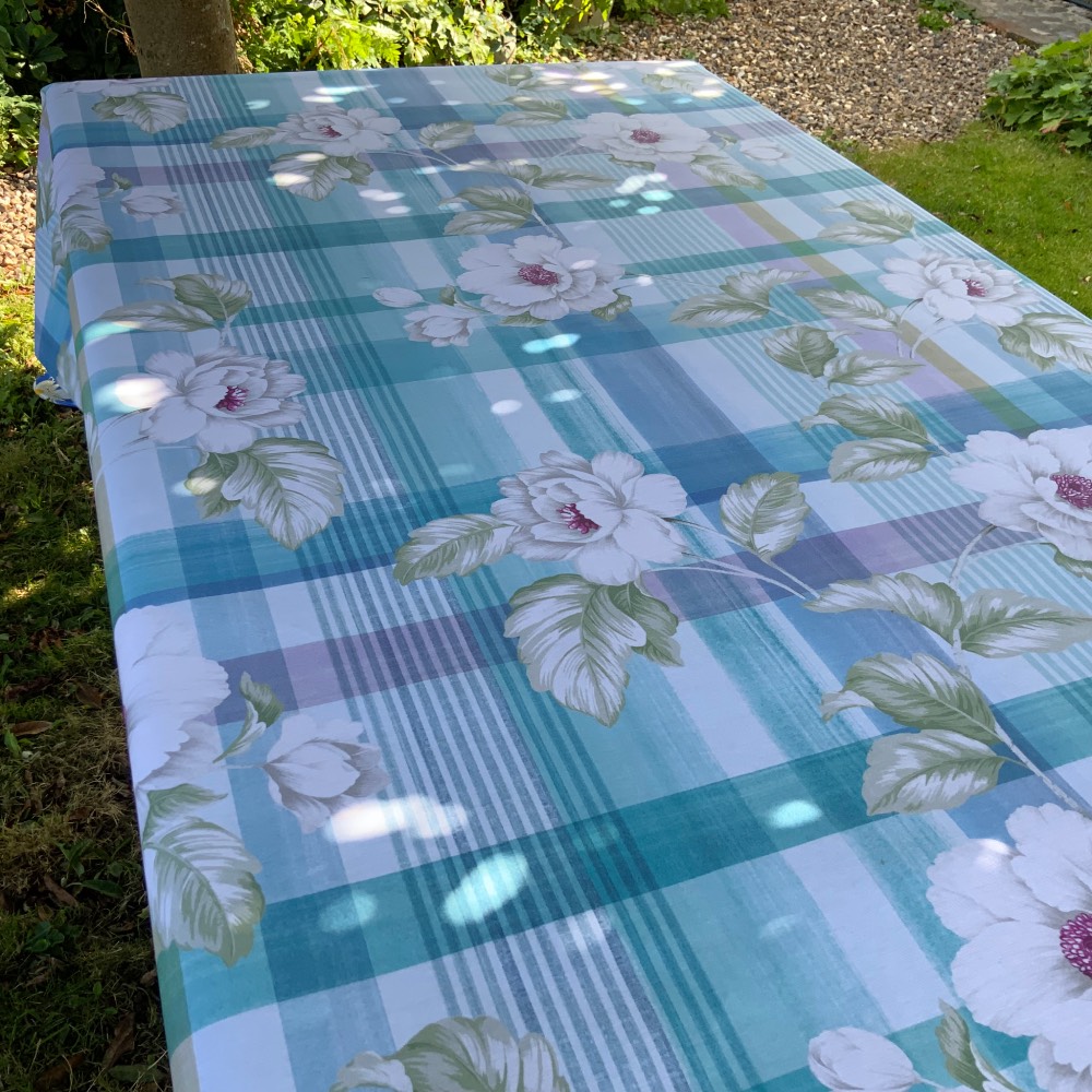 Pink and White Peony Oilcloth on Blue Check