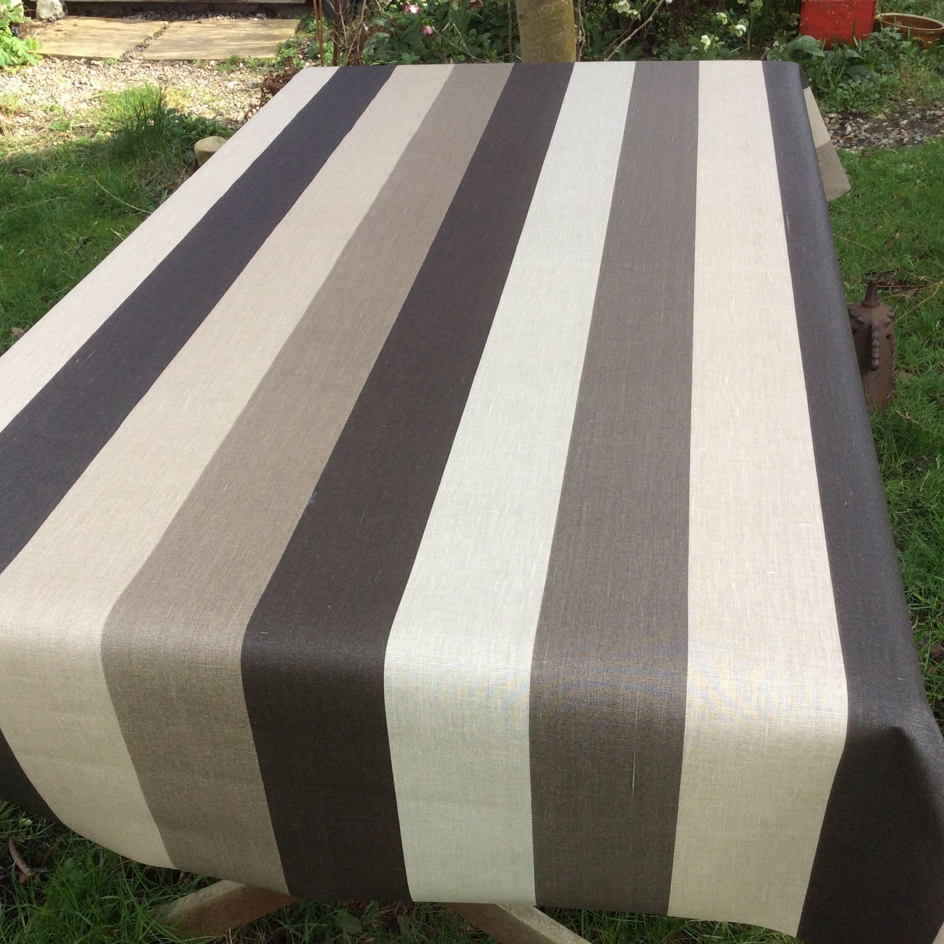 Pronto Stripe Extra Wide Oilcloth in Brown.
